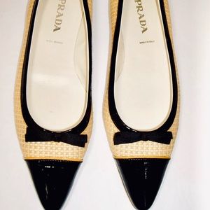 PRADA Cap Toe Black Patent Woven Straw Flats